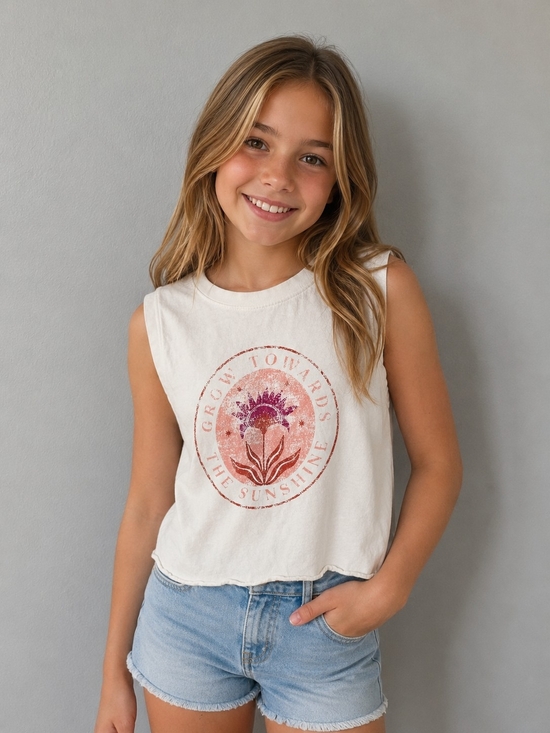 Colorful Planet Other - Girls' Cream Graphic Tank Top with Floral Sunburst